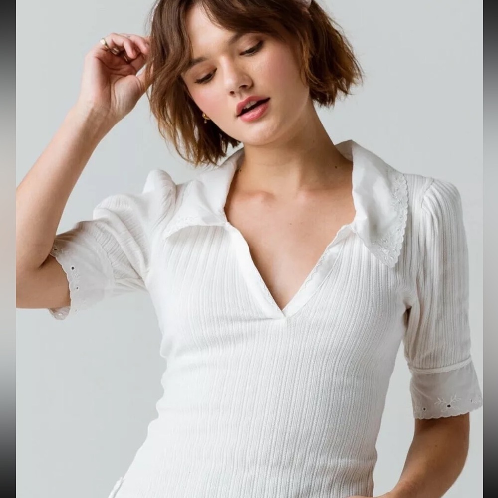 Free People White Roxy Eyelet Embroidered Polo Blouse Top Size L